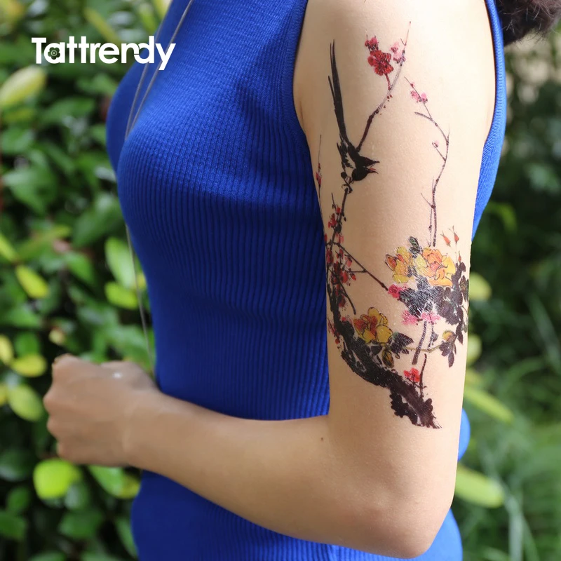 Китайские монохромы Wintersweet Flower Bird Tattoo серии черные чернила и Моющиеся