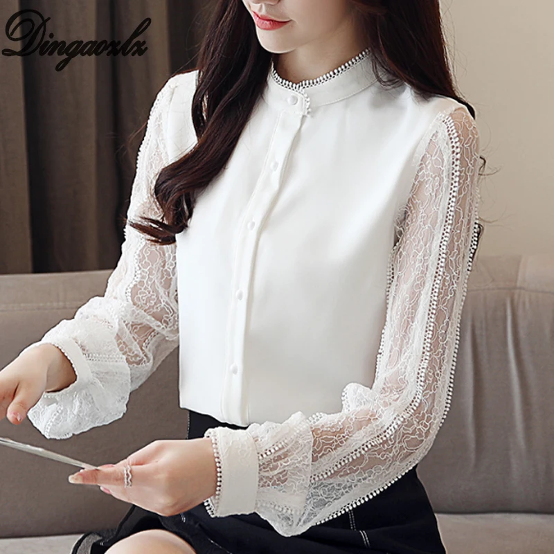 Dingaozlz Blusa feminina Новая модная женская рубашка Лоскутная кружевная шифоновая блузка с рукавом-фонариком OL кружевные топы белая рубашка