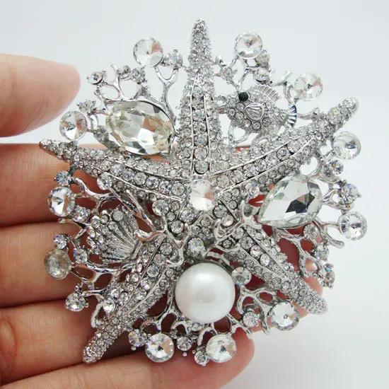 

Romantic fashion style crystal clear white Rhinestone starfish brooch pin decorated marine