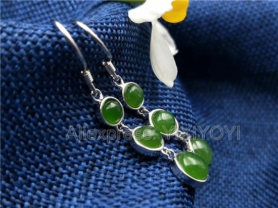 Beautiful 925 Sterling Silver Green HeTian Jade Round Inlay Dangle Style Lucky Hook Earring Girl's Charm Gift Fine Jewelry | Украшения