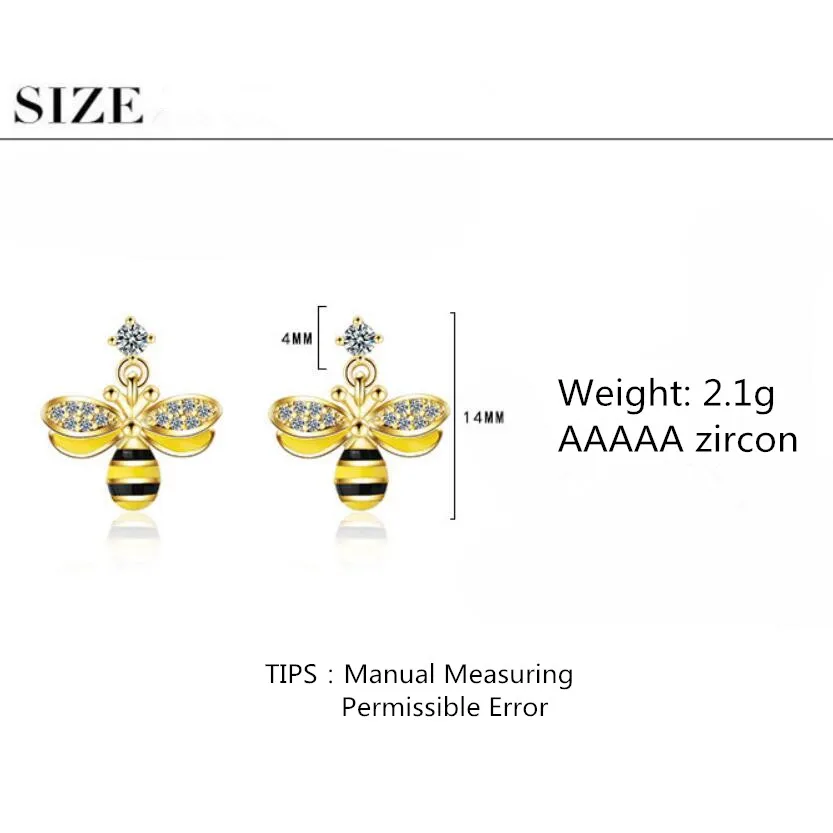 

New Epoxy Bee Zircon Pendant Earrings For Women Trend 925 Sterling Silver Party Gifts Jewelry oorbellen pendientes SAE314