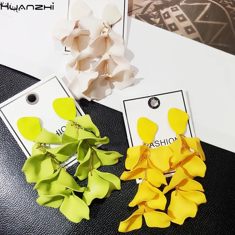 HUANZHI S925 Серебряная игла красочный цветок Роза лепесток кулон металлические звенья длинные висячие акриловые серьги для женщин вечерние ювелирные изделия