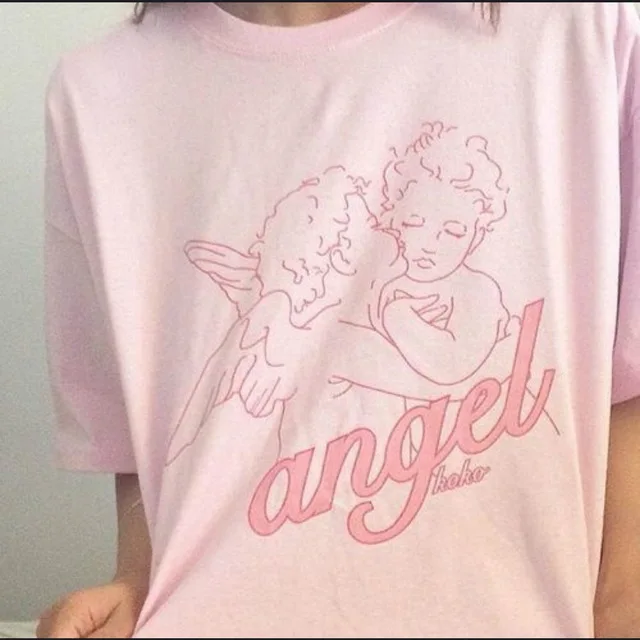 

Hillbilly Fashion Kawaii Angel Printed Women T Shirts Summer Loose Over Size Casual Clothing Pink Cotton Top&Tees Vogue T-Shirts