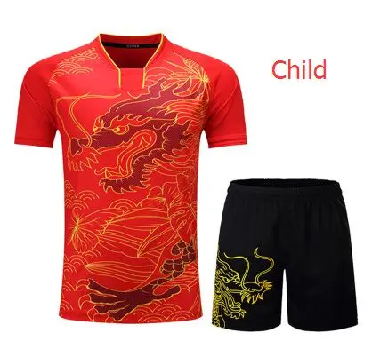 Child Red Shirt Китайская форма дракона теннисные футболки+ шорты, детские женские футболки для бадминтона, мА длинный пинг-понг Джерси, теннисные скатерти - Цвет: Child Red Shirt