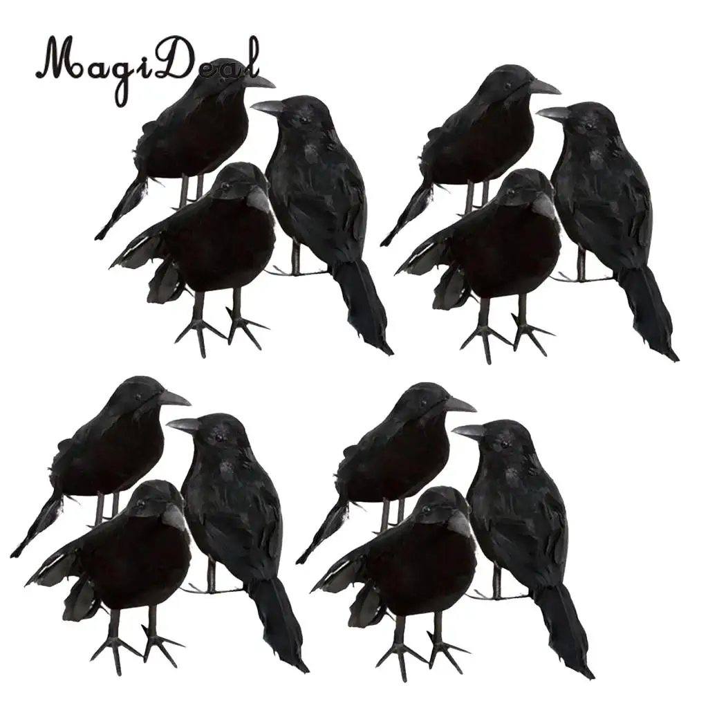 

12 pieces Black Feathered Small Crows Birds Ravens Props Halloween Decor