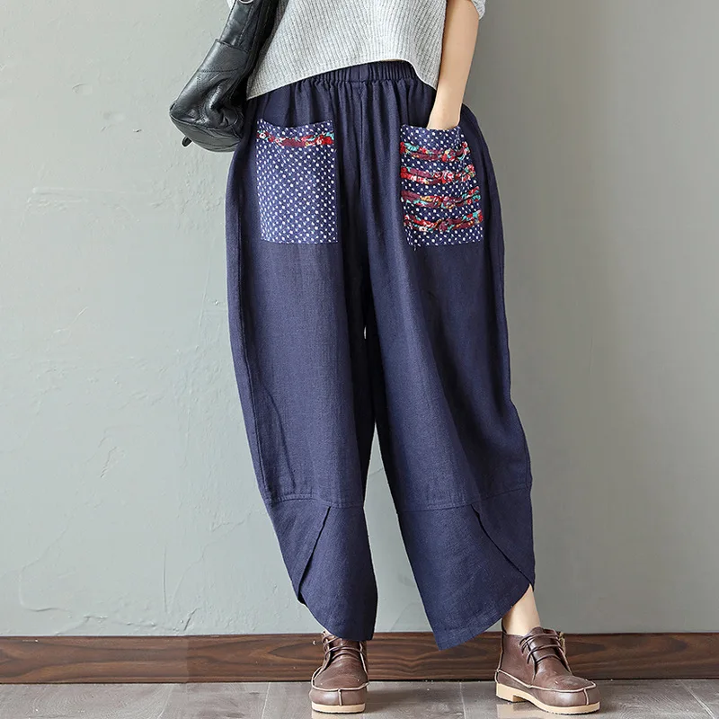

2018 spring ethnic style patchwork cotton linen wide leg pants loose ladies Lantern pants Vintage Autumn Casual Pleated Trouser