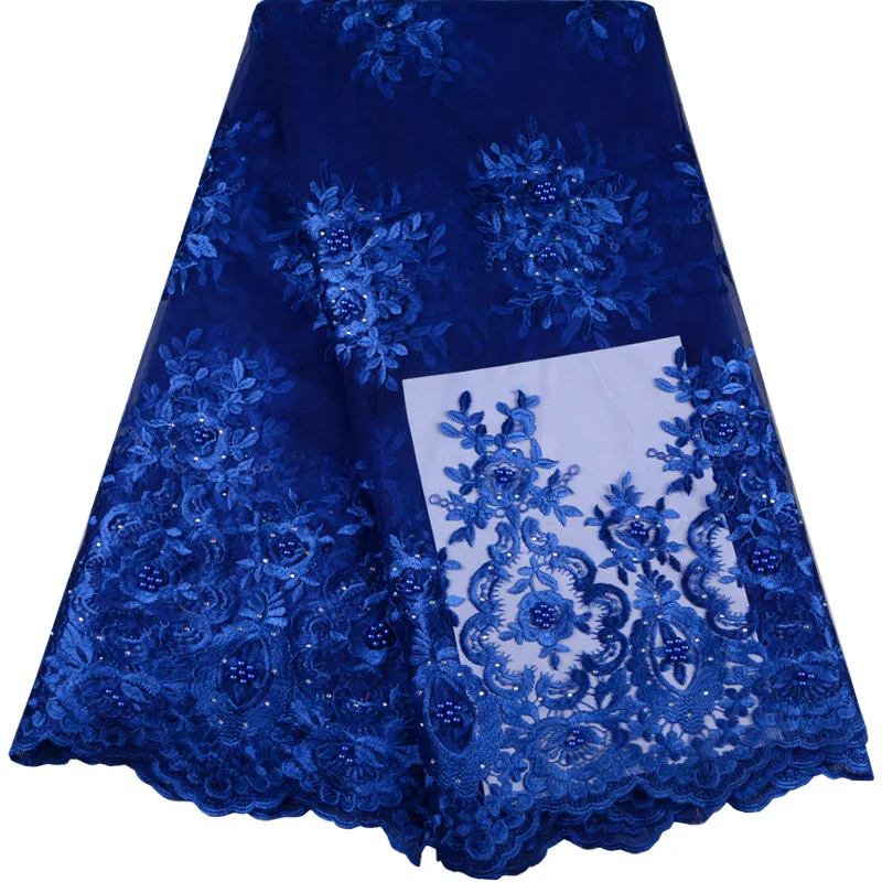 Кружевная ткань Королевского золотого цвета французская кружевная с бусинами