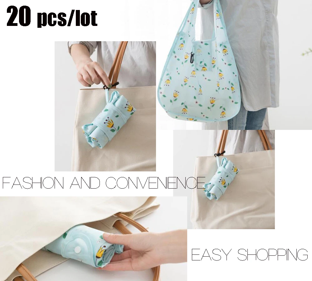 

20 pcs/lot Reusable Women Collapsible Travel Grocery Pouch Portable Durable Tote Recycle Handbag Home Storage Bag