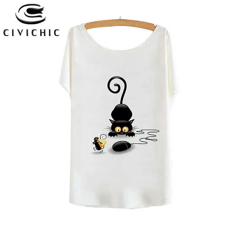 

CIVI CHIC Girl Cute Summer Loose T Shirt Woman Black Kitty Schrodinger's Cat Printing Tops Tee Bat Sleeve One Size Tshirt WST107