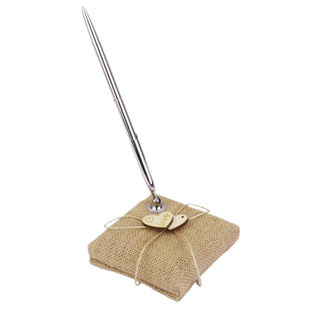 

Vintage Burlap Pen Stand and Pen Set for Wedding Bridal Reception Wood Hearts Decor Party Event Favor Guests Kid Gifts