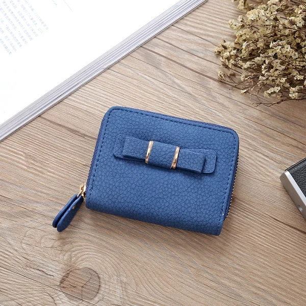 Blue Wallet Женский кошелек на тонкой молнии, Женский кошелек, женские короткие кошельки из искусственной кожи, милый женский кошелек с бантом, мини-чехол для карт, женские кошельки - Цвет: Blue Wallet
