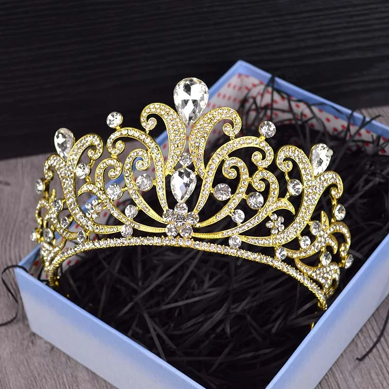 Gold Винтажная Серебряная Хрустальная тиара Свадебная большая корона для невесты аксессуары для волос Новинка года сплав Стразы королева украшение для волос в виде короны - Окраска металла: Gold