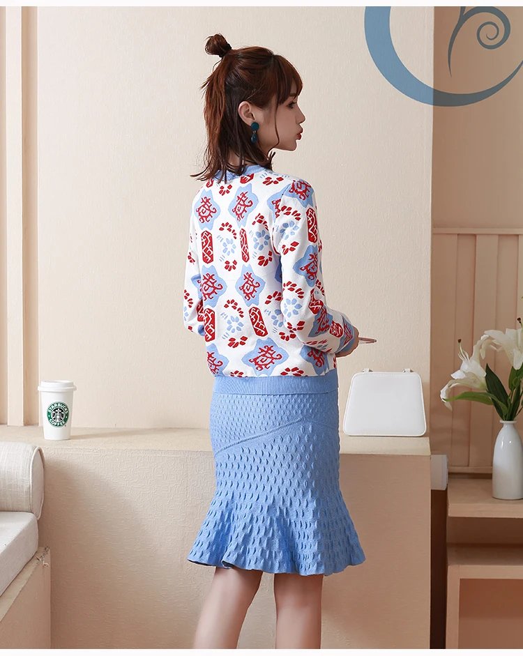 ALPHALMODA вязаный свитер с узором+ 3D Юбки Русалки в горошек женские модные костюмы из 2 предметов Высокая юбка с тонкой талией наборы