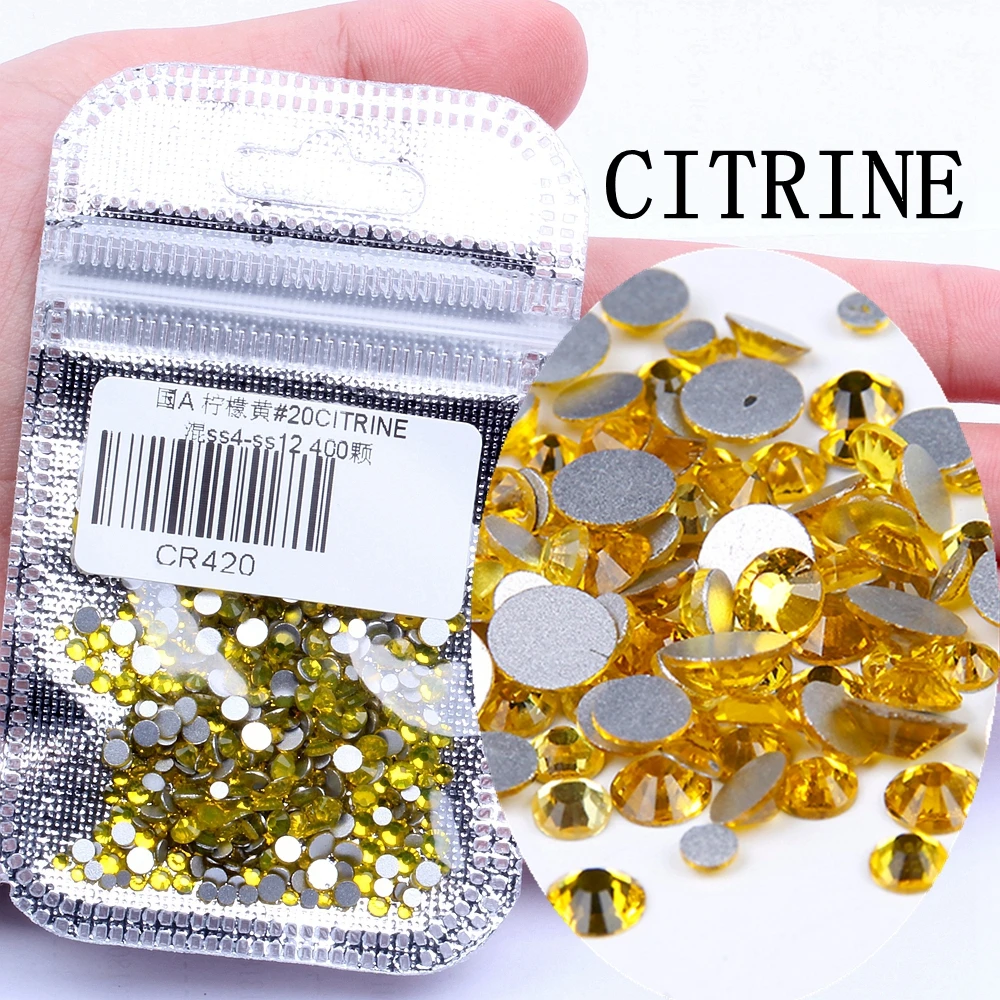 20 CITRINE 400 шт, 60 цветов, разные размеры, ss4-ss12, для дизайна ногтей, не горячей фиксации, хрустальные стразы, сделай сам, плоские с оборота, 3D стеклянные украшения для ногтей, стразы - Цвет: 20 CITRINE