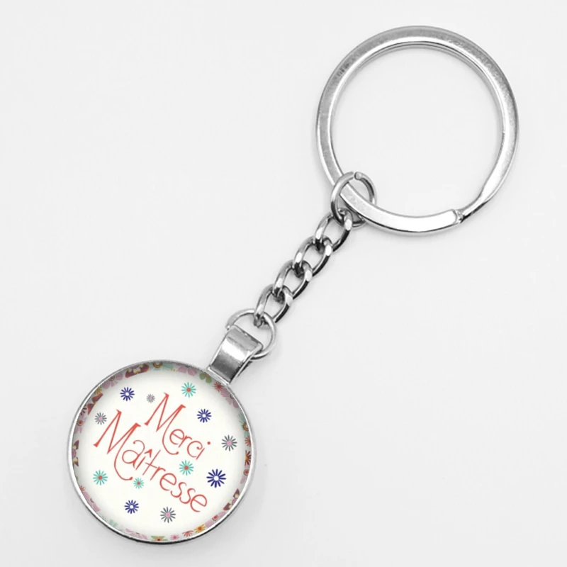 

Hot! New Hot French Merci Maitresse Pattern Round Keyring Photo Glass Cabochon Charm Car Keychain Jewelry Gift