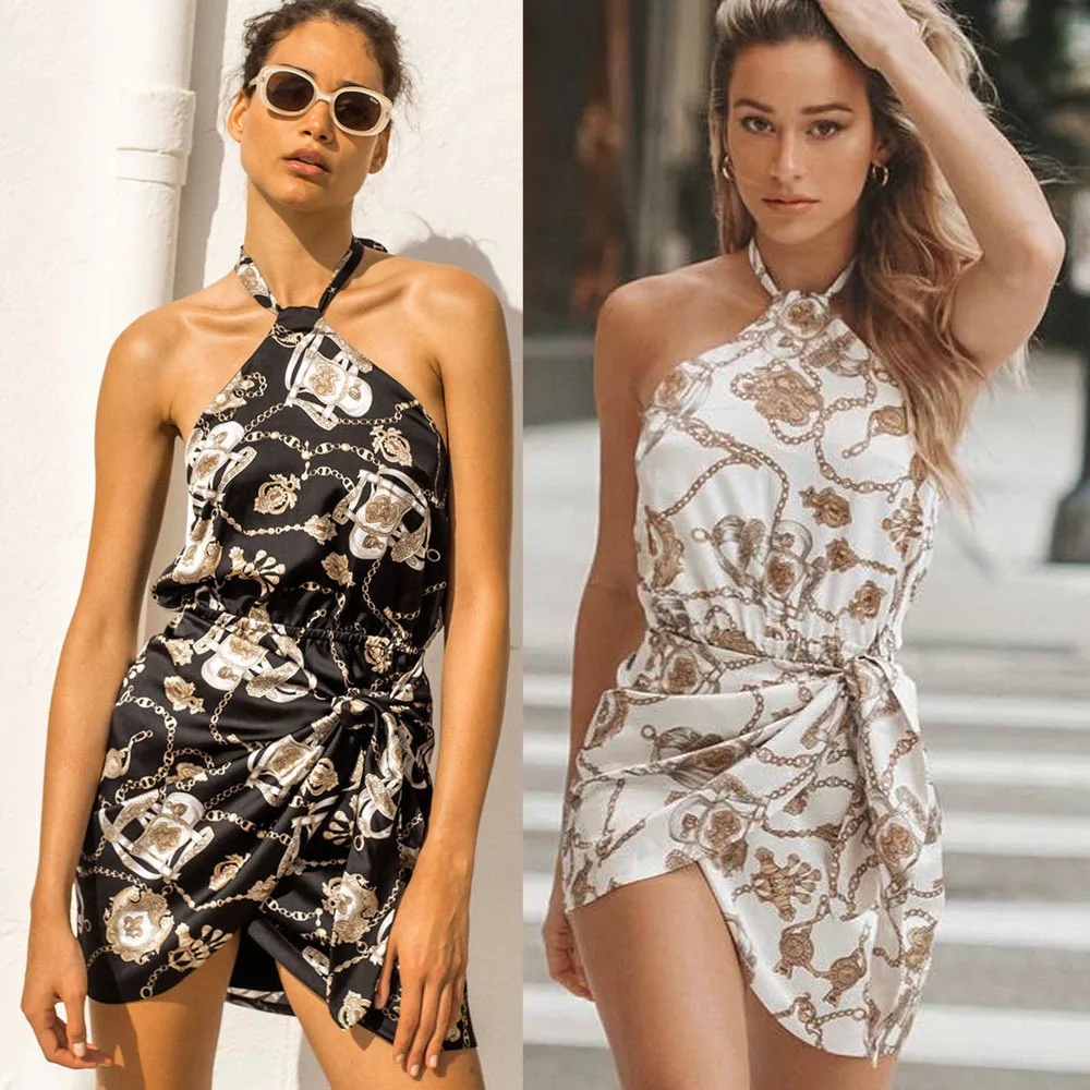 

Sexy Dress 2019 Summer Women Waist Tie Sexy Backless Halter Print A-line Mini Dresses Casual Loose Boho Beach Dress Vestidos