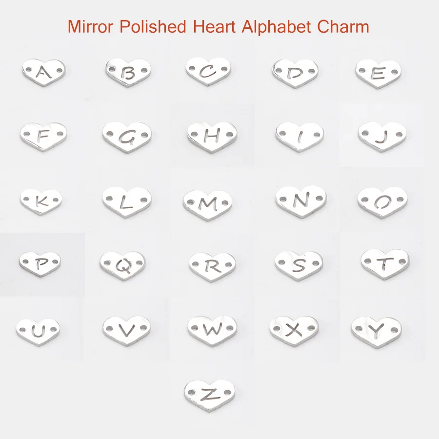 steel color 26pcs Fnixtar зеркальный лак из нержавеющей стали Сердце инициалы Алфавит Шарм Разъем любовное письмо с сердцами кулон 1,2*12 мм 26 шт./лот - Окраска металла: steel color 26pcs