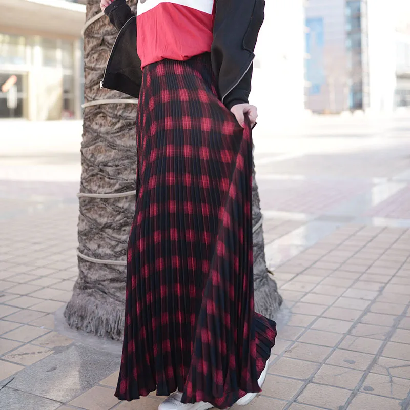 Женская длинная Плиссированная Юбка-макси трапециевидная юбка в клетку с