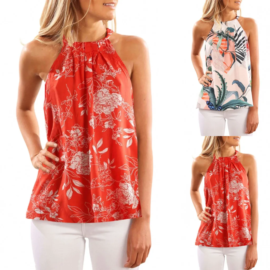 Женская модная безрукавка с бретелькой через шею, Boho, цветочный принт, летняя безрукавка, блуза, топ, Повседневная Уличная одежда, haut femme