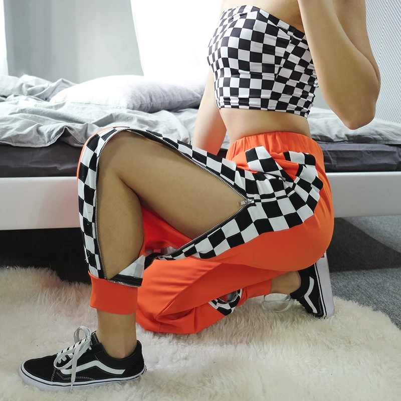 Для женщин 2018 Высокая талия Боковые брюки в клетку на молнии Разделение уличная