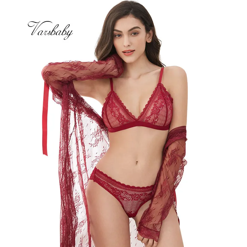 

Varsbaby sexy unlined floral lace deep V lingerie set bras+panties+robe+thongs 4 pcs for women