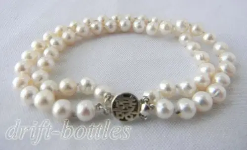 

2Strands 8'' 6mm White Round Freshwater Pearl Silver Clasp Bracelet
