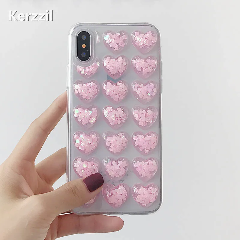 Kerzzil Candy Color Phone Case For iphone X Fashion 3D Love Heart Back Cover Soft TPU Clear Cases iphoneX Capa Coque |