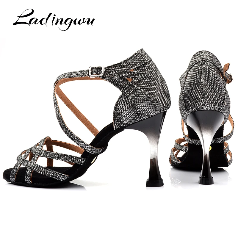 Ladingwu Brands Dance Shoes Women Gray Glitter Salsa Dance Shoes Gradient Gold Plated Heel 7.5cm 9cm Latin Dancing Shoes Sandals