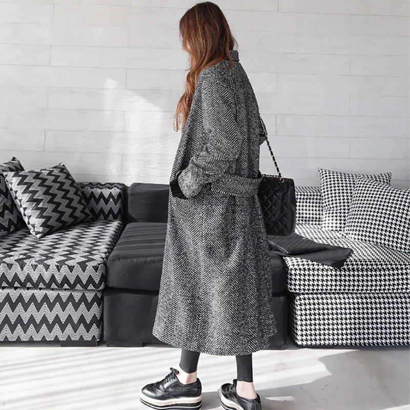 Трендовое женское двубортное пальто длинное черное в полоску|wool coat women|fashion wool
