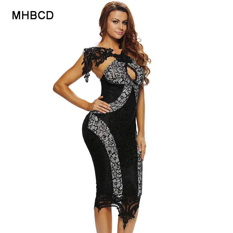 MHBCD Холтер Кружева Холлоу Лето Dress Женщины Моды Спагетти Ремень Партия