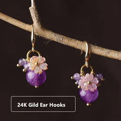 24K Gild Ear hooks Мода красота Ювелирные серьги ручной работы 24 K Фиолетовый Кристалл бусины резные в виде ракушки цветы серьги ювелирные изделия - Окраска металла: 24K Gild Ear hooks