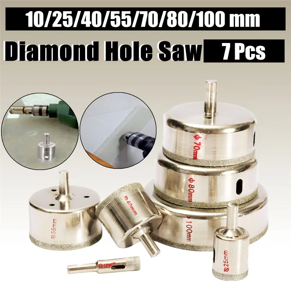 7Pcs/Set Metal Diamond Coated Core Hole Tile Marble Glass Saw Tilling Drill Bit Set 10-100mm Hot Sale