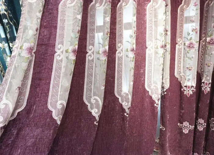 Purple Curtains Изысканные цветочные вышитые роскошные европейские занавески ткань для гостиной шторы из тюля для Спальни Ткань оконные шторы - Цвет: Purple Curtains