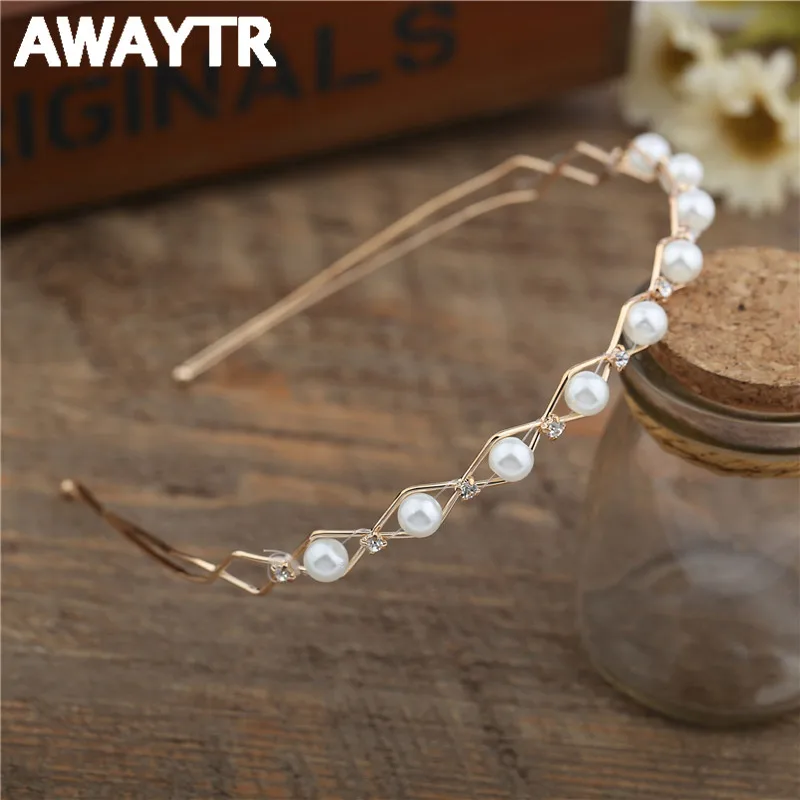 AWAYTR, модные жемчужные стразы, Ромбы, геометрические узоры, обруч для волос для женщин, романтическая черная, серебряная, Золотая повязка на голову, тиара, ювелирное изделие