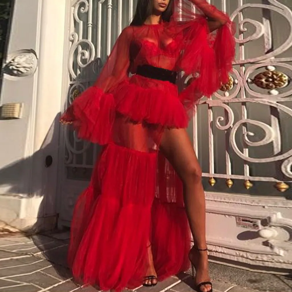 Женское Прозрачное платье макси Missord элегантное с высоким воротом длинными