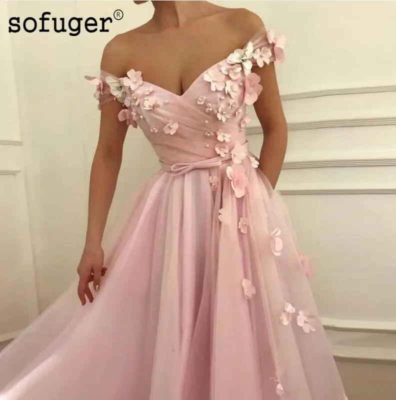 Розовый Розовый Жемчуг Тюль с плеча вечернее платье Выпускной Vestidos De Fiesta Формальное вечернее платье Арабский мусульманский особых случаев - Цвет: Розовый
