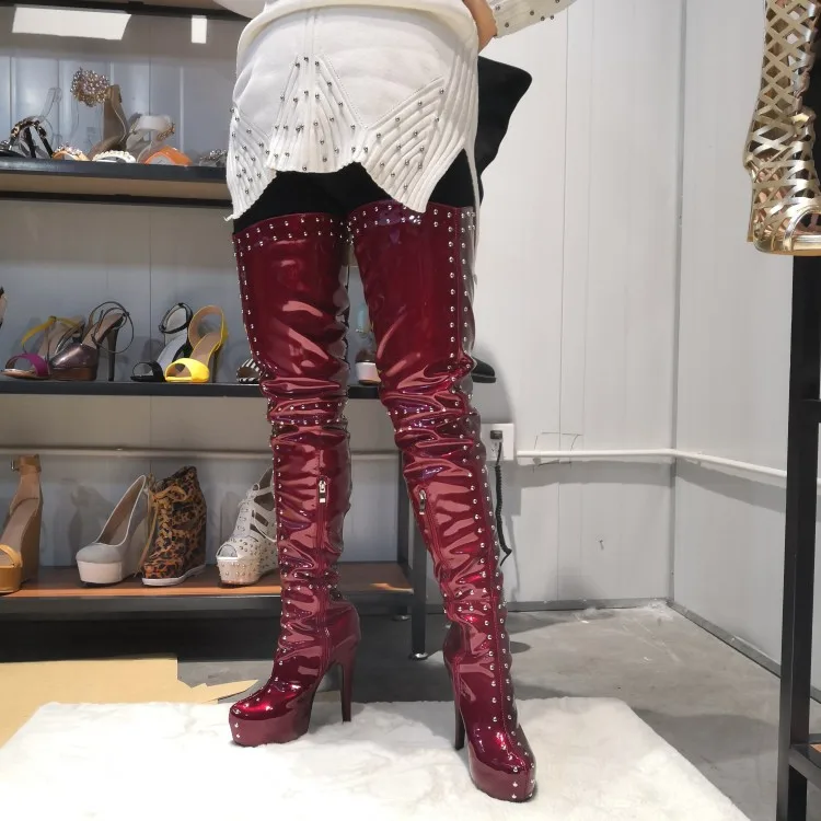 Olomm/новые женские сапоги до бедра на платформе сапоги на высоком каблуке-шпильке обувь для ночного клуба с круглым носком винно-красного цвета женская обувь, большие американские размеры 5-15