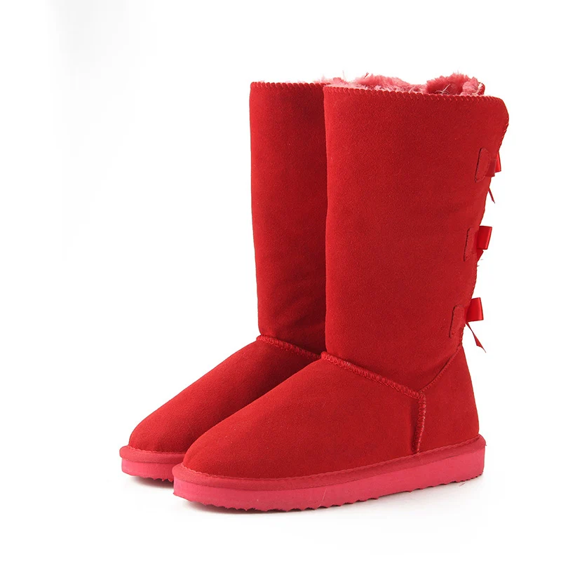 Red MBR FORCE/; Модные женские высокие сапоги; зимние сапоги из натуральной коровьей кожи; зимние сапоги с бантом; теплые высокие зимние сапоги; американские размеры 3-13 - Цвет: Red