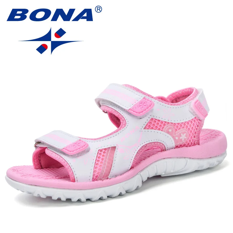 White pink BONA/Новое поступление года; детские сандалии; сезон лето; Новинка; модная обувь для учащихся; нескользящая Мягкая подошва; удобные сандалии с открытым носком для девочек - Цвет: White pink
