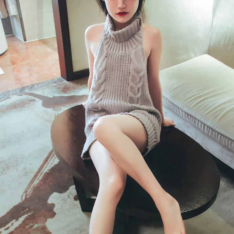 Japanes Knitted Sexy backless Women Sweaters And Pullovers Summ Turtleneck Sleeveless Long Virgin Killer Sweater | Женская одежда