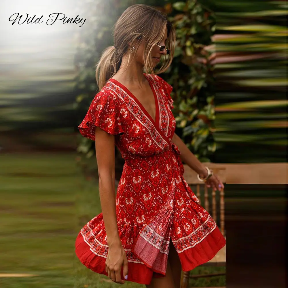 Женское богемное платье с цветочным принтом Пляжное v образным вырезом оборками