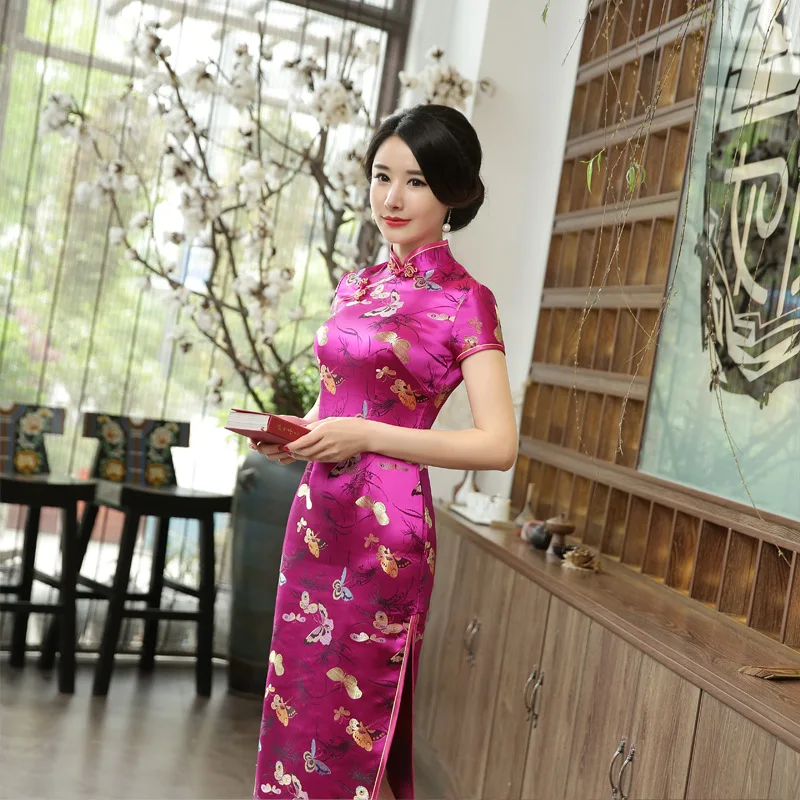 Модное китайское традиционное платье Ципао с коротким рукавом черное вискозное Qipao женское элегантное длинное платье с цветочным принтом раскол