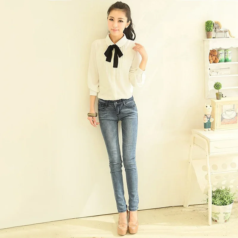 Лидер продаж модные женские элегантные белые рубашки с галстуком бабочкой