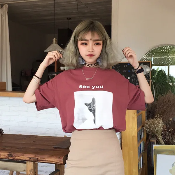 Женская свободная футболка Harajuku летняя Корейская с милым мультяшным рисунком