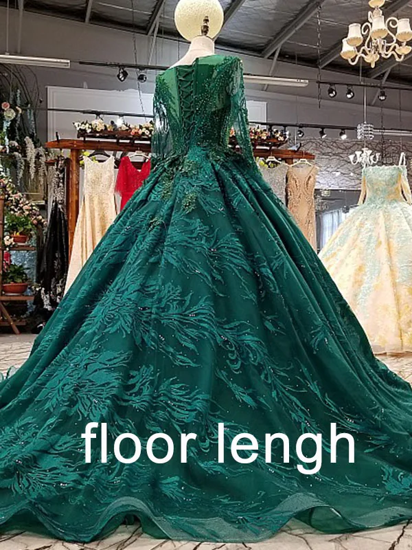 floor lengh LS0887 Королевское зеленое вечернее платье с длинными рукавами из тюля, круглый вырез, шнуровка сзади, бальное платье, красивое вечернее платье для женщин, настоящая цена - Цвет: floor lengh