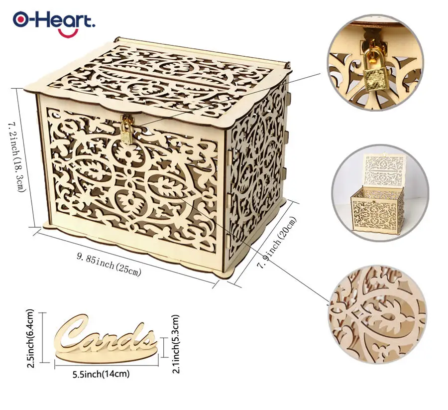 OHEART Diy коробка для приглашения на свадьбу деревянная деревенская Подарочная коробка с замком коробка для денег полые сердца в форме коробка подарочной карточки и карты знак на день рождения