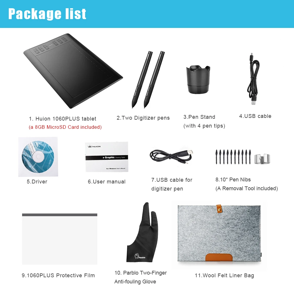 2 ручки Huion New 1060 Plus графический планшет с sd-картой 8G 12 Express Key + Защитная пленка 15