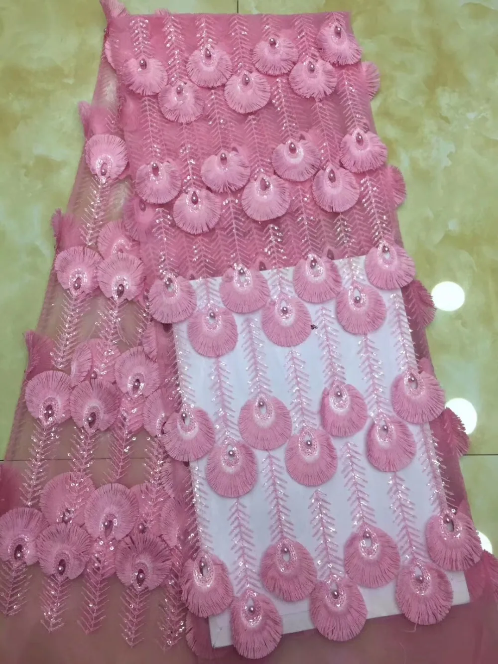 

nigerian lace fabric 2019 fashion pink tassel lace material sequins fabric high quality embroidery tulle lace ML7683