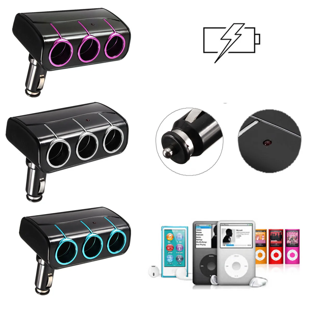 DC 12V/24V Triple 3 Way Splitter Car Truck Cigarette Lighter Socket Power Adapter Charger Power Adapter Accessories