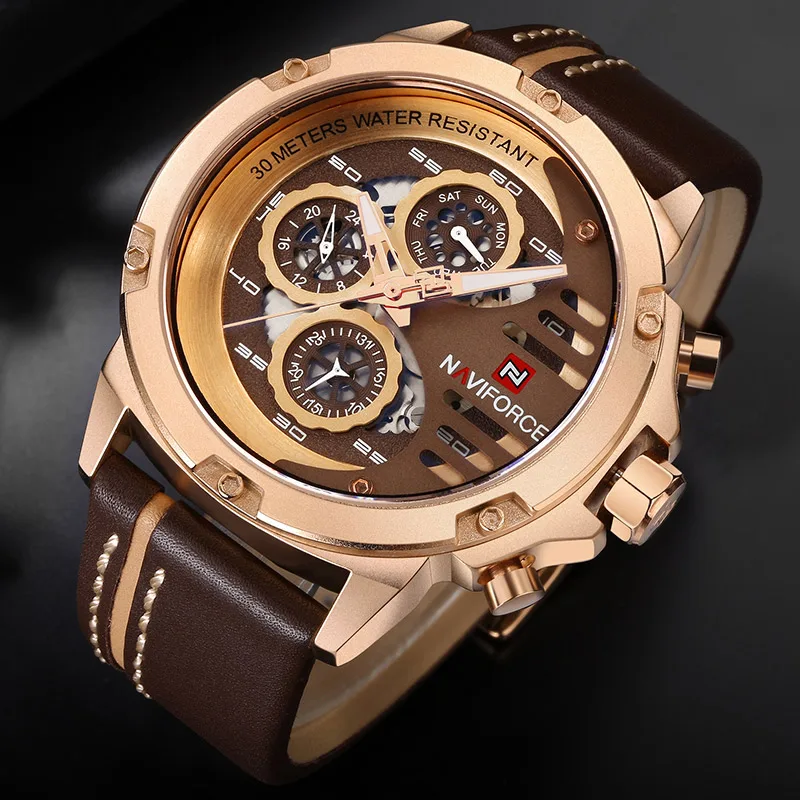 RoseGold NAVIFORCE Для мужчин модные креативные Кварцевые наручные часы Водонепроницаемый кожаный ремешок спортивные часы Повседневное часы мужской Relogio Masculino - Цвет: RoseGold